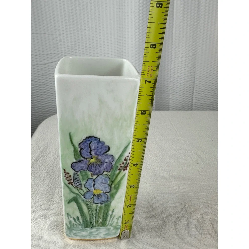 Hand Painted Porcelain Vase Signed K Thrush 1995 Floral Iris Design Gold Trim 8